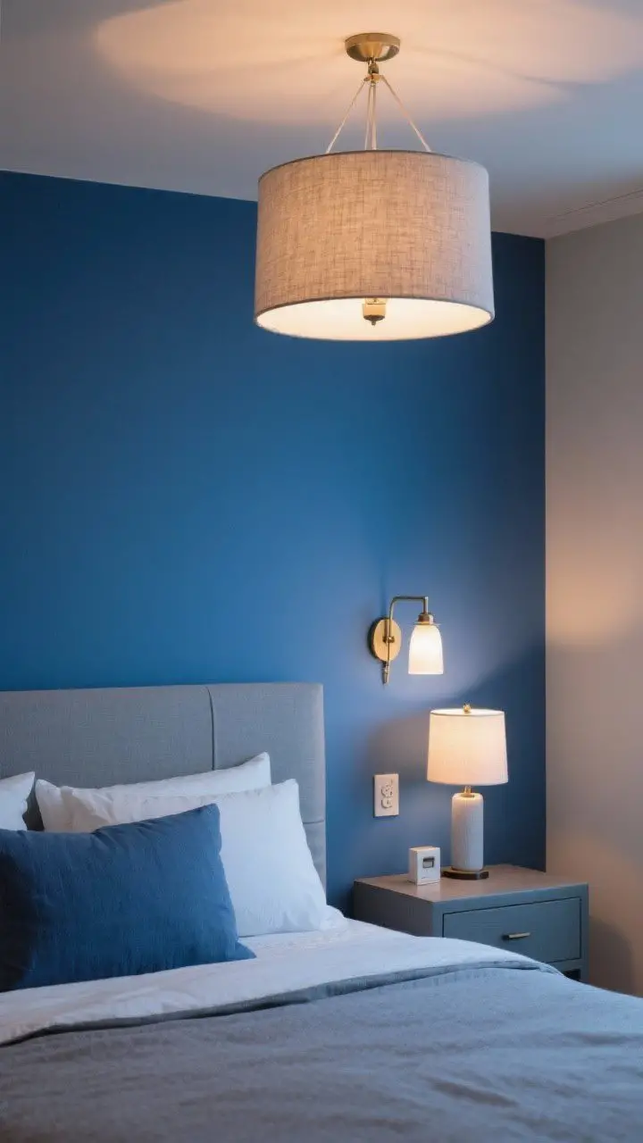Medium shot, bedside lighting scene: Layered warm lighting in a blue-and-gray bedroom—overhead fabric drum shade, swing-arm wall sconces over each nightstand, plus a small table lamp; bulbs set to 2700–3000K for a warm white glow that flatters blues; include dimmer switches visible on the wall; bedding and finishes read cozy, not cold; evening ambiance with gentle highlights and soft shadows.
