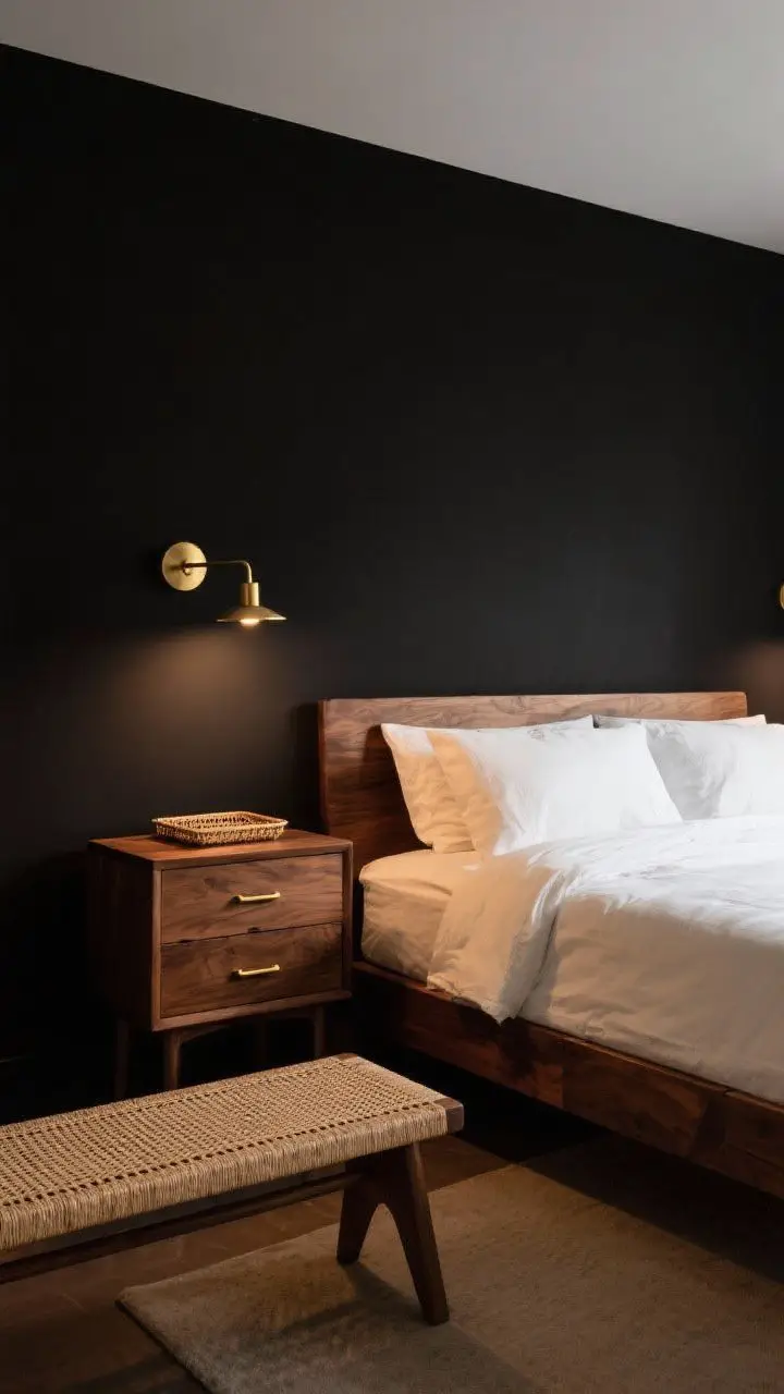 Medium shot: Black-walled bedroom balanced with warmth—walnut bed frame and matching oak nightstands against matte black walls; brass swing-arm sconces above the nightstands, brass drawer pulls catching a soft glow; a rattan bench at the foot of the bed and a small cane tray on the nightstand; warm 2700K lighting to enhance the wood and metal tones; angle from the side to show interplay of materials.