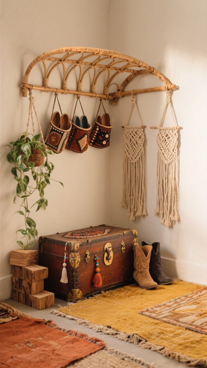 Medium shot, boho studio corner: rattan canopy rack arcing over a cozy corner, hanging pockets storing flats; low vintage kilim trunk with beaded tassel on latch for boots and seasonal pairs; macramé plant hangers adding vertical texture; layered rugs underfoot; terracotta and mustard tones with natural fibers; cedar blocks hinted in trunk; warm, diffused light; eclectic, inviting vibe, corner perspective.