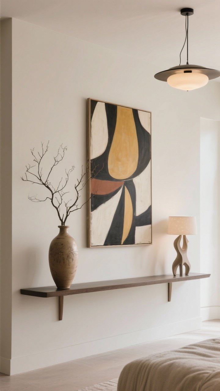 Medium shot: Bold, simplified styling—one oversized abstract art piece centered above a narrow console, a single tall ceramic vase with airy branches adding height, and a sculptural statement semi-flush light drawing the eye upward; restrained palette with soft neutrals, strong focal points, minimal accessories.