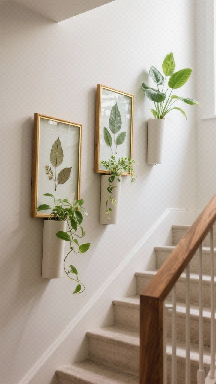 Medium shot: Botanical display along the stair—framed pressed leaves in herbarium-style glass frames with brass edges, paired with a trio of slim, wall-mounted planters holding low-light pothos and philodendron; narrow planters kept flush to avoid protrusion; natural wood frames and soft greenery create calm; gentle morning light, muted wall color.