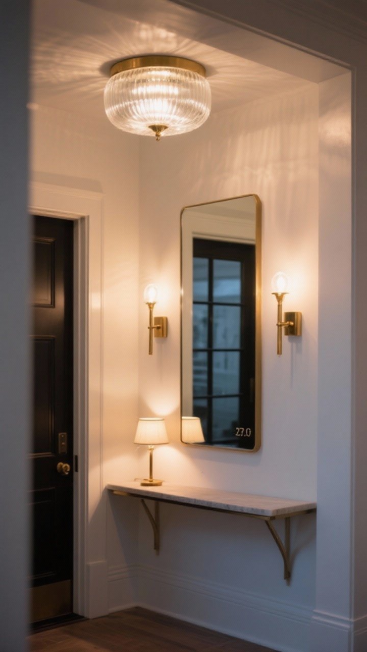 Medium shot: Boutique-lit entry vignette with layered lighting—semi-flush glass ceiling fixture casting wide illumination, slim brass wall sconces flanking a mirror, and a tiny lamp on a narrow console—bulbs set to warm 2700K; dim, cozy evening mood with soft highlights and gentle shadows on soft white walls, emphasizing glow without harshness.