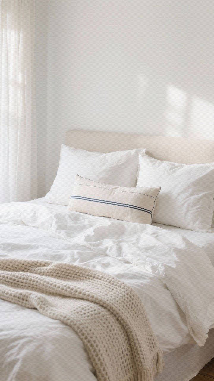 Medium shot: Breezy bedding that breathes—percale sheets in crisp white slightly rumpled, a lightweight linen duvet cover, euro shams plus standard pillows and one long lumbar pillow with a thin navy stripe. Add a waffle-knit throw at the foot. Neutral whites and creams with subtle stripes, casual undone styling, gentle morning light through sheer curtains.