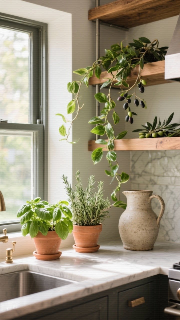Medium shot by a window: Fresh greenery integrated into the kitchen—terra-cotta pots with basil, rosemary, and thyme on the sill; a trailing pothos weaving softly along an open shelf; and olive branches in a stoneware jug on the counter. Natural daylight highlights the greens against warm wood and metal accents.