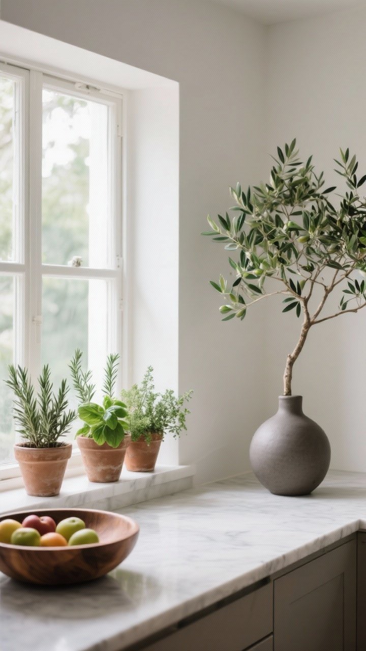 Medium shot by a window: Greenery and natural decor—herb pots (rosemary, basil, thyme) on the sill, a potted olive tree in the corner, and a wooden bowl with seasonal fruit on the counter. Minimal, sculptural greens rather than flowers, matte ceramic vase with a single branch nearby, bright natural daylight, photorealistic, no people.