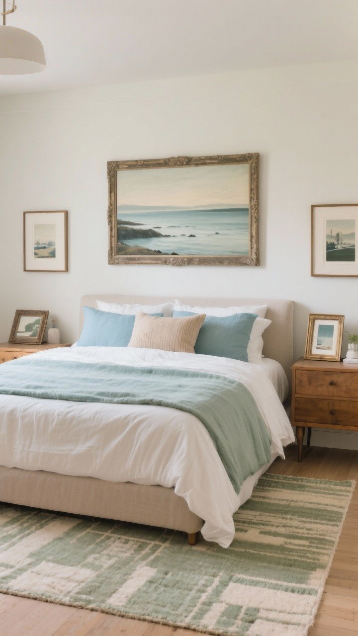 Medium shot: Calm art arrangement over the bed—one muted coastal landscape print in a vintage frame as the statement piece, with colors echoing the bedding and rug (sage, soft blues, warm neutrals). Smaller paired prints over the nightstands in mixed vintage frames with modern prints. Balanced composition, soft ambient light, photorealistic.
