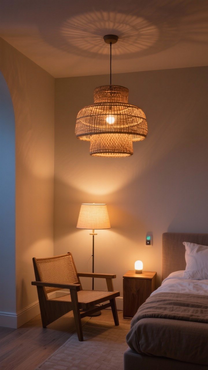 Medium shot ceiling-to-corner view: Whimsical layered lighting—a rattan pendant as a statement light centered overhead, a dimmable table lamp near the chair casting a warm glow, and a small nightlight tucked near the baseboard; smart bulbs creating a soft, soothing ambiance ideal for bedtime, warm color temperature showcased in a cozy evening scene.