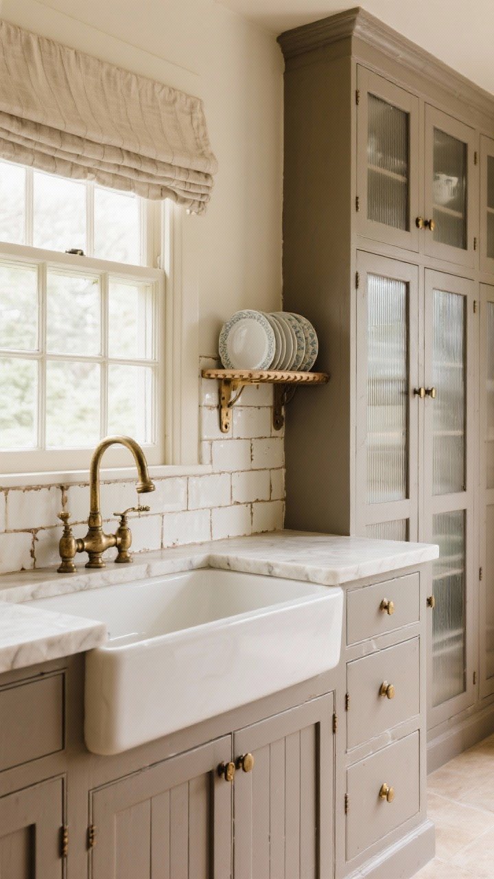 Medium shot centered on the sink wall of an English-style pantry: mushroom taupe beaded-inset cabinets with reeded glass doors; creamy stone counter; hand-glazed ceramic tile backsplash in soft ivory with imperfect edges; oversized farmhouse sink under a window with a tailored roman shade; plate rack above the sink; aged brass latches on tall pantry cupboards; gentle natural light highlighting texture and tradition.