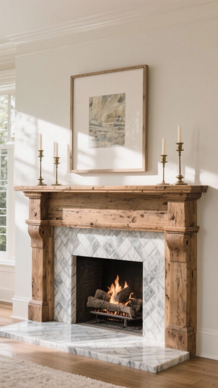 Medium shot, classic fireplace with marble herringbone tile on the surround and inside the firebox, thicker soft gray grout lines emphasizing the pattern, paired with a chunky natural wood mantel for rustic-meets-refined balance, symmetrical styling with matching candlesticks and a framed art piece above, warm afternoon light.