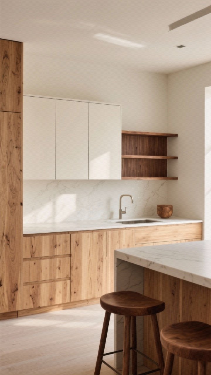 Medium shot: Cohesive mix of natural wood tones—dominant white oak flat-front cabinets in a matte or wire-brushed finish, complemented by walnut open shelves and walnut counter stools for depth. Show the 70/30 wood balance, warm neutral backdrop, soft indirect daylight, organic modern style, photorealistic, no people.