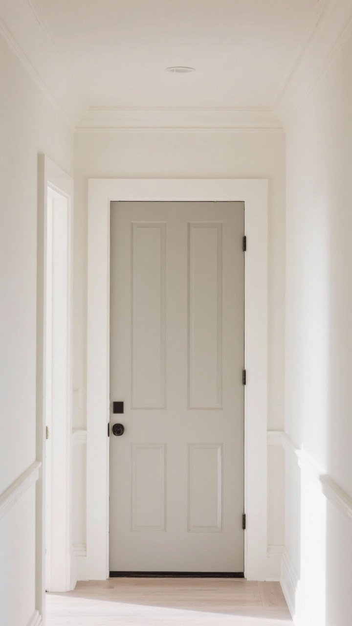 Medium shot: Color-driven entry showing monochrome magic—walls, trim, and interior door painted the same soft warm white; the front door a slightly darker greige for depth; ceiling painted one shade lighter to blur edges; consistent eggshell finish throughout with a high-gloss pop on the door; calm, bright mood with even lighting.