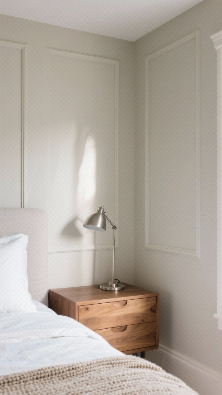 Medium shot: Compact bedroom corner painted airy greige (Skimming Stone/Accessible Beige), walls and trim in the same color with different sheens to blur edges. Mix warm wood nightstand and cool brushed metal table lamp to show greige’s chameleon quality. Soft daylight grazes the wall, adding dimension without darkness. Include crisp white bedding and a subtle woven throw. Photorealistic, slight corner angle.