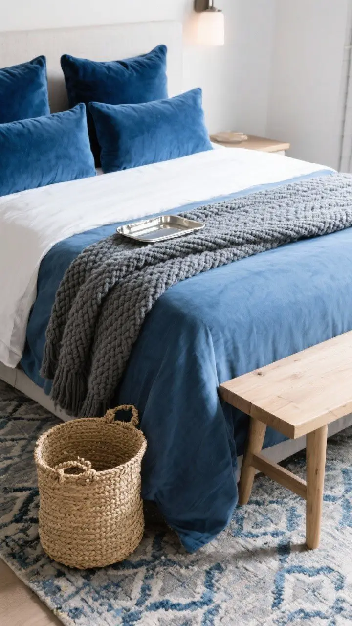 Medium shot, corner angle: A layered blue-and-gray bed styled like a boutique hotel featuring a linen duvet, velvet Euro shams in deep blue, and a chunky knit or waffle throw in slate gray; add a woven seagrass basket and a light oak bench at the foot to warm up cool tones; underfoot, a subtle patterned rug in distressed blue-gray or Moroccan diamond; a little metallic sparkle via a small chrome tray; soft, warm ambient daylight enhances texture contrasts.
