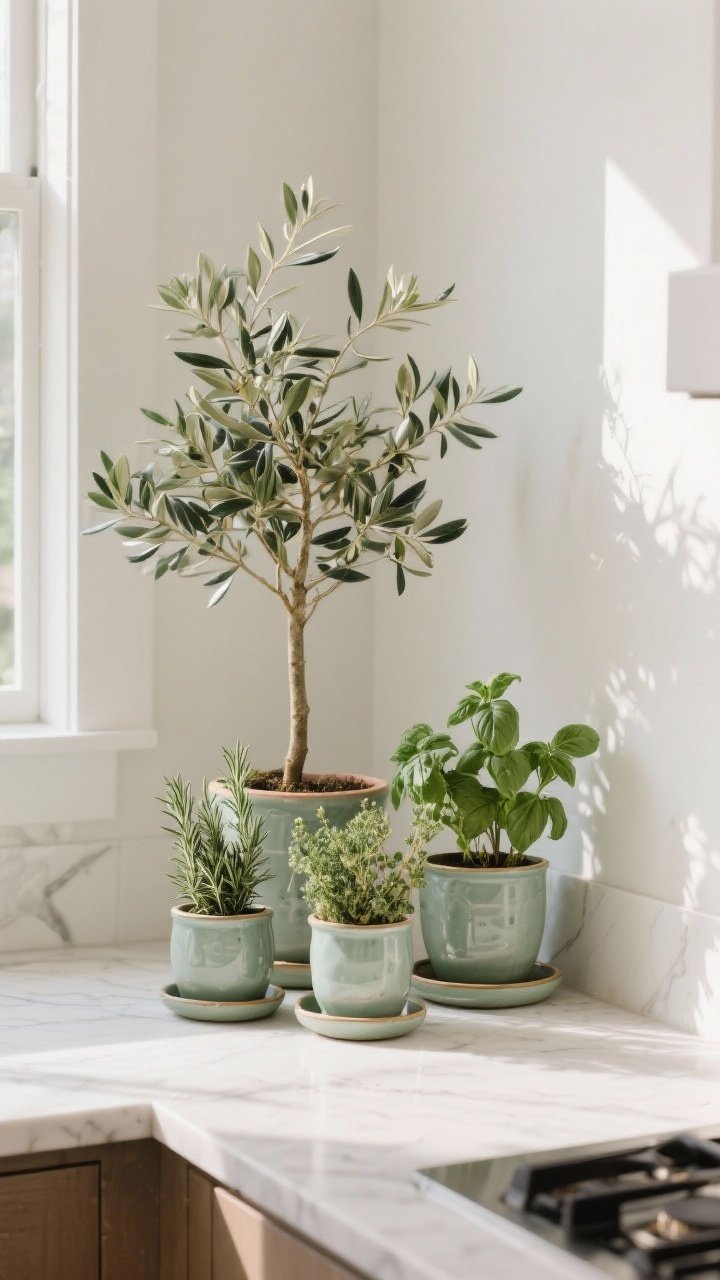 Medium shot, corner angle, highlighting plant power: a petite potted olive tree or a trio of herb pots (rosemary, thyme, basil) grouped in threes with varied heights. Glazed ceramic pots with matching trays to catch drips, positioned near the sunniest edge of the island. Fresh, bright natural light, subtle leaf textures and herb detail.