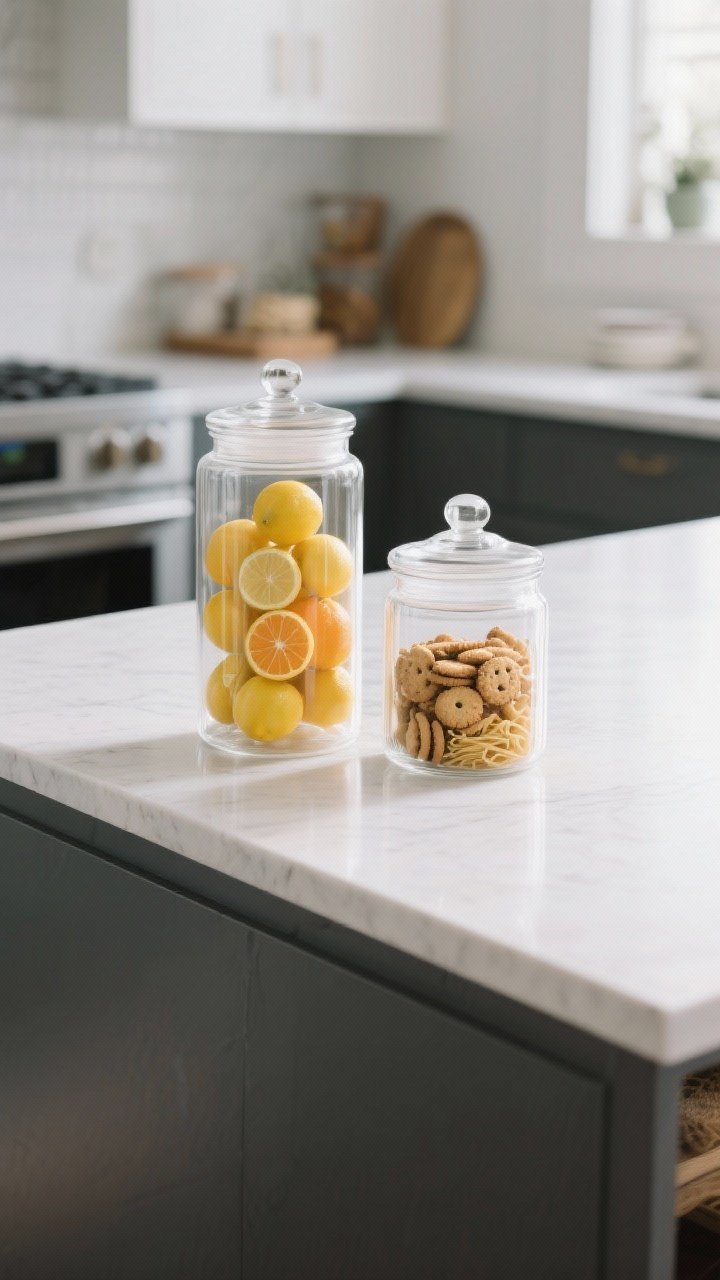 Medium shot, corner angle, of two clear apothecary jars on the island: one tall cylinder and one shorter lidded jar, filled with coordinated pantry pretties (all citrus like lemons or all baking goods like cookies or dried pasta). Keep it to two jars for a chic look, avoid direct sunlight, clean modern kitchen in the background.
