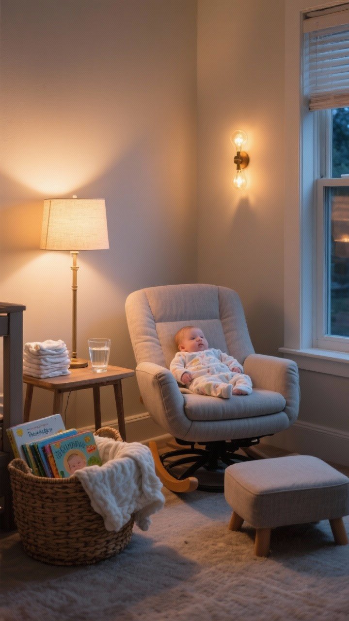 Medium shot corner vignette: A snuggle-worthy feeding zone with a supportive upholstered swivel glider in easy-to-clean fabric, dimmable warm floor lamp casting a gentle glow, a small side table holding a glass of water and stack of burp cloths, a woven basket with blankets and board books, and a small footstool for comfort; cozy nighttime ambiance with warm bulbs.