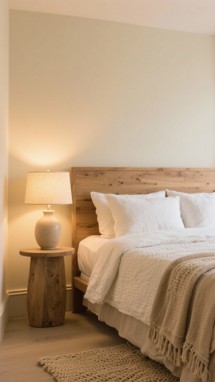 Medium shot: Cozy bedroom vignette in buttery cream (Creamy/Soft Chamois) with warm ambient lighting from 2700–3000K bulbs. Oatmeal linen duvet, textured white pillows, and an oak headboard for layered warmth. Subtle golden glow softens shadows; include a neutral ceramic table lamp and a woven throw at the foot of the bed. Photorealistic, corner angle for depth.