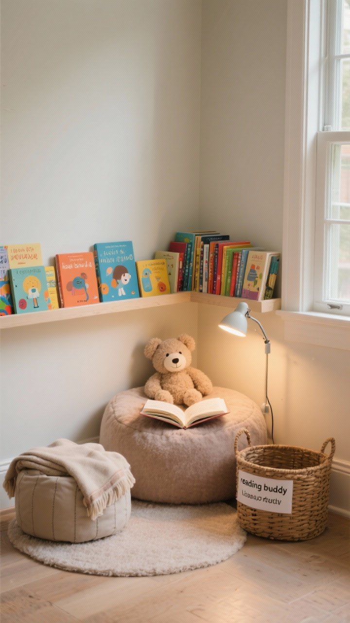 Medium shot cozy corner: A charming reading nook with front-facing book ledges at child height displaying colorful covers, a plush floor cushion and small pouf with a folded throw, a clip-on reading light providing focused warm illumination, a plush toy “reading buddy,” and a woven basket labeled for library returns; intimate, inviting, photorealistic.