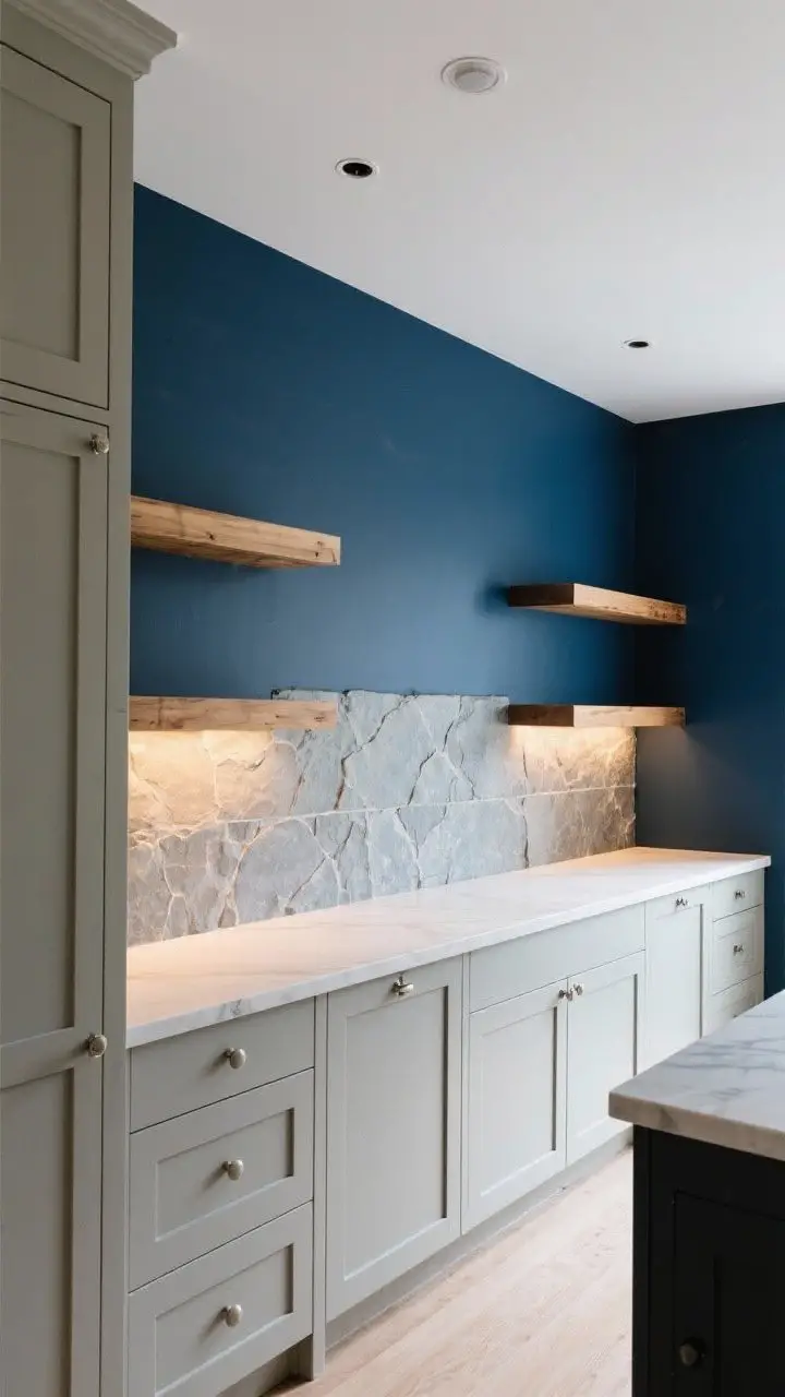 Medium shot: Deep moody blue walls surrounding ivory/greige shaker cabinets, natural wood open shelves, and a stone or plaster-look backsplash with tactile texture. White ceiling to keep the space open. Warm under-cabinet lighting grazes the backsplash, creating a cozy, cocoon-like atmosphere. Straight-on view of the main run of cabinets.