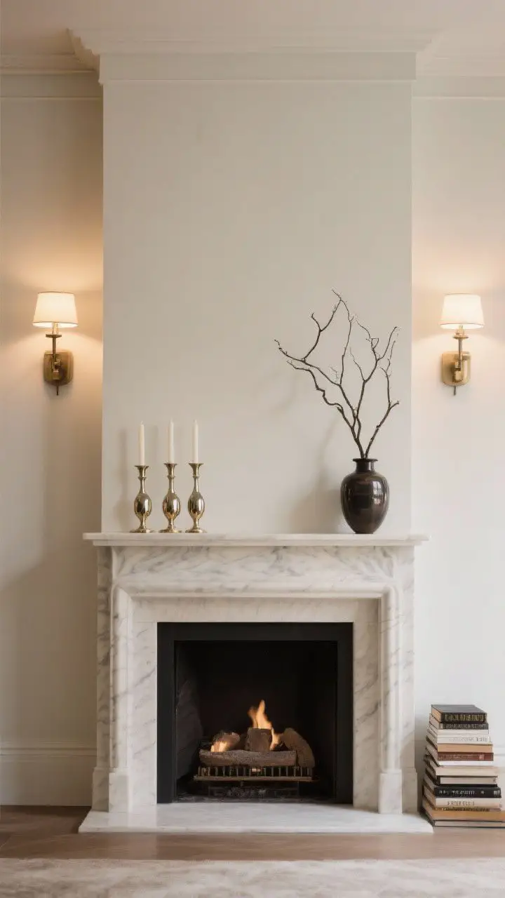 Medium shot demonstrating symmetry with a purposeful break: matching wall sconces flanking the fireplace, twin vases or paired candlesticks mirrored on the mantel. Add a subtle “rebel” element—a single tall branchy vase or a stack of books offset on one side to relax the formality. Balanced, elegant atmosphere with warm sconce lighting. Straight-on composition to emphasize symmetry and the intentional asymmetry.