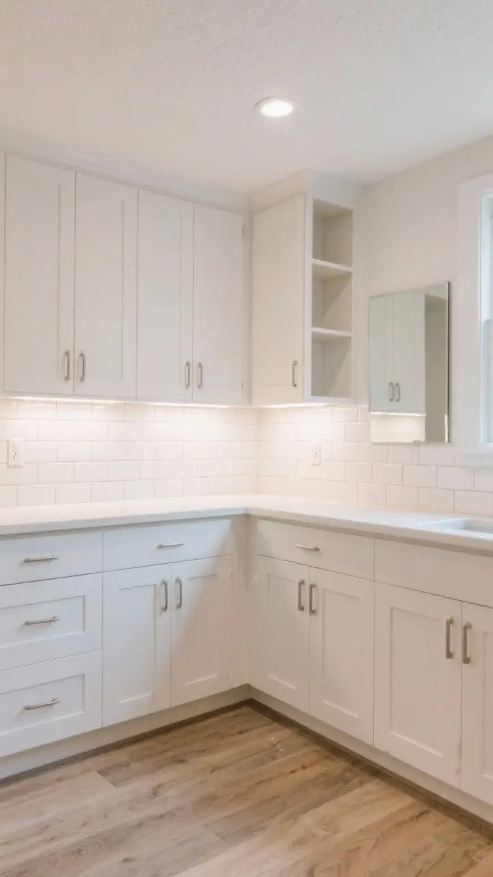 Medium shot emphasizing brightness tricks: white or pale oak cabinets with integrated pulls, a glossy white subway tile backsplash that reflects light, warm 2700–3000K LEDs under cabinets, and a mirror-backed open shelf to fake depth. Pale oak-look vinyl plank floors and a matte white ceiling. Airy, daylight-mimicking feel in a basement setting.
