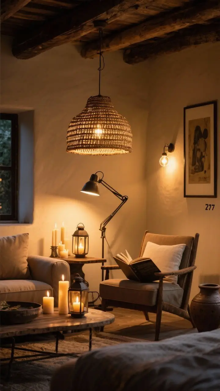 Medium shot, evening: Layered lighting in a rustic sitting area—ambient glow from a woven rattan pendant overhead, task lighting from a metal swing-arm wall lamp by a reading chair, and accent lighting from lanterns, pillar candles, and a picture light over art; bulbs at 2700K for a golden glow; iron and pottery materials visible; cozy, low-light mood.