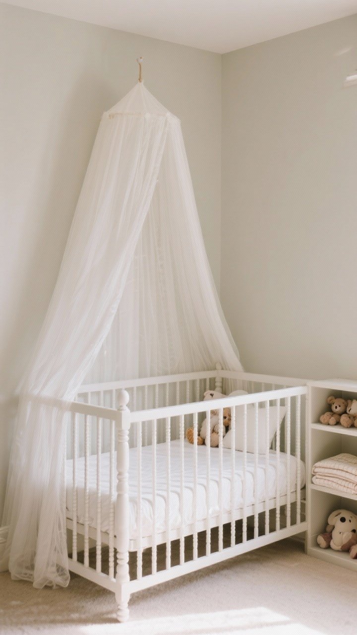 Medium shot, focal view: A beautiful white spindle crib centered under a light gauzy canopy against a neutral wall, styled minimally with a fitted sheet only (no pillows or toys in the crib), a nearby open shelf holds soft toys and a folded blanket; the convertible crib design feels timeless and sweet, safe and uncluttered, soft diffused daylight.