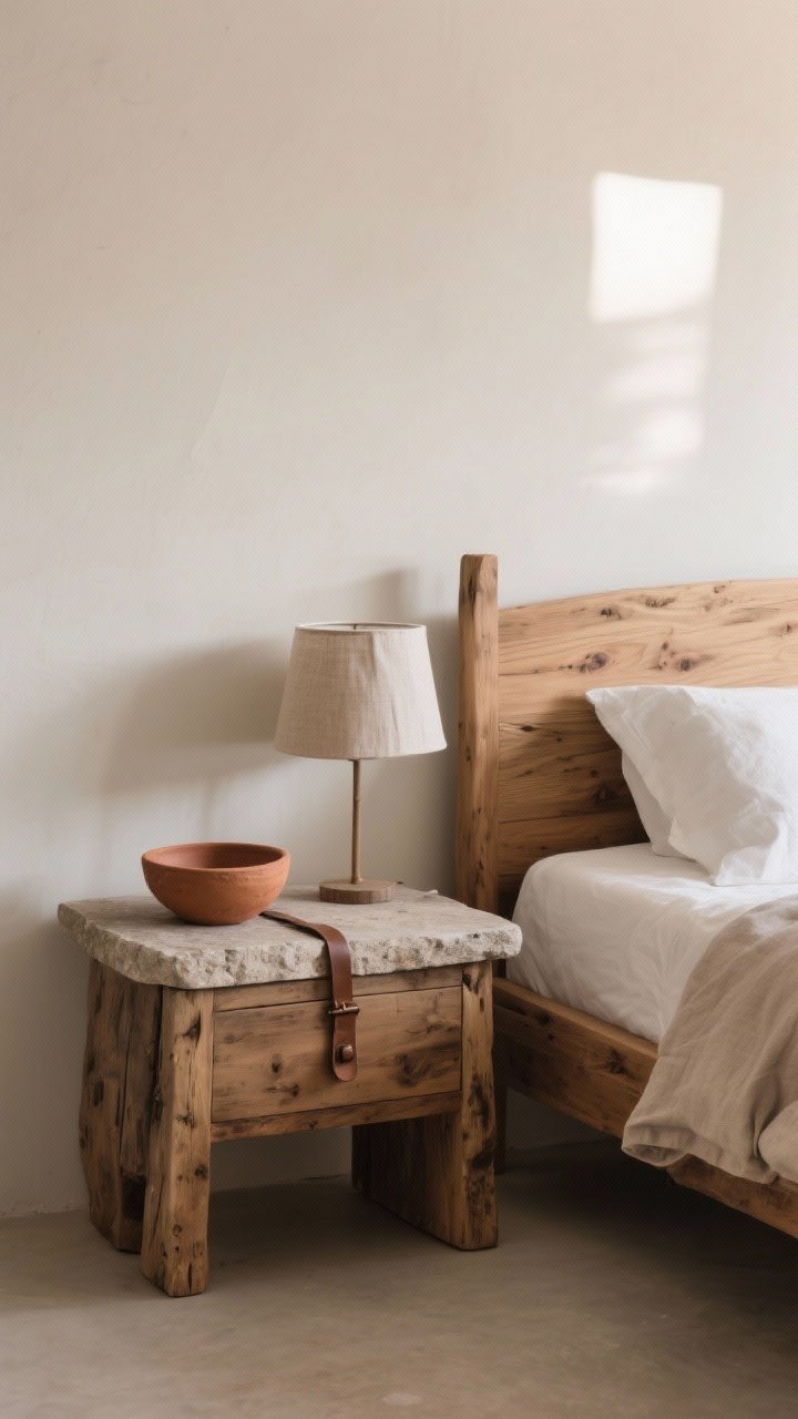 Medium shot: Focus on natural materials—solid oak bedframe with visible grain, rough-hewn wood side table, and a stone-topped nightstand. On the nightstand, a handcrafted clay/terracotta bowl as a catch-all next to a linen-shade lamp. Neutral wall color and organic textures throughout; materials read as oak, leather strap detail on a drawer, and linen bedding. Soft morning light, photorealistic, straight-on.