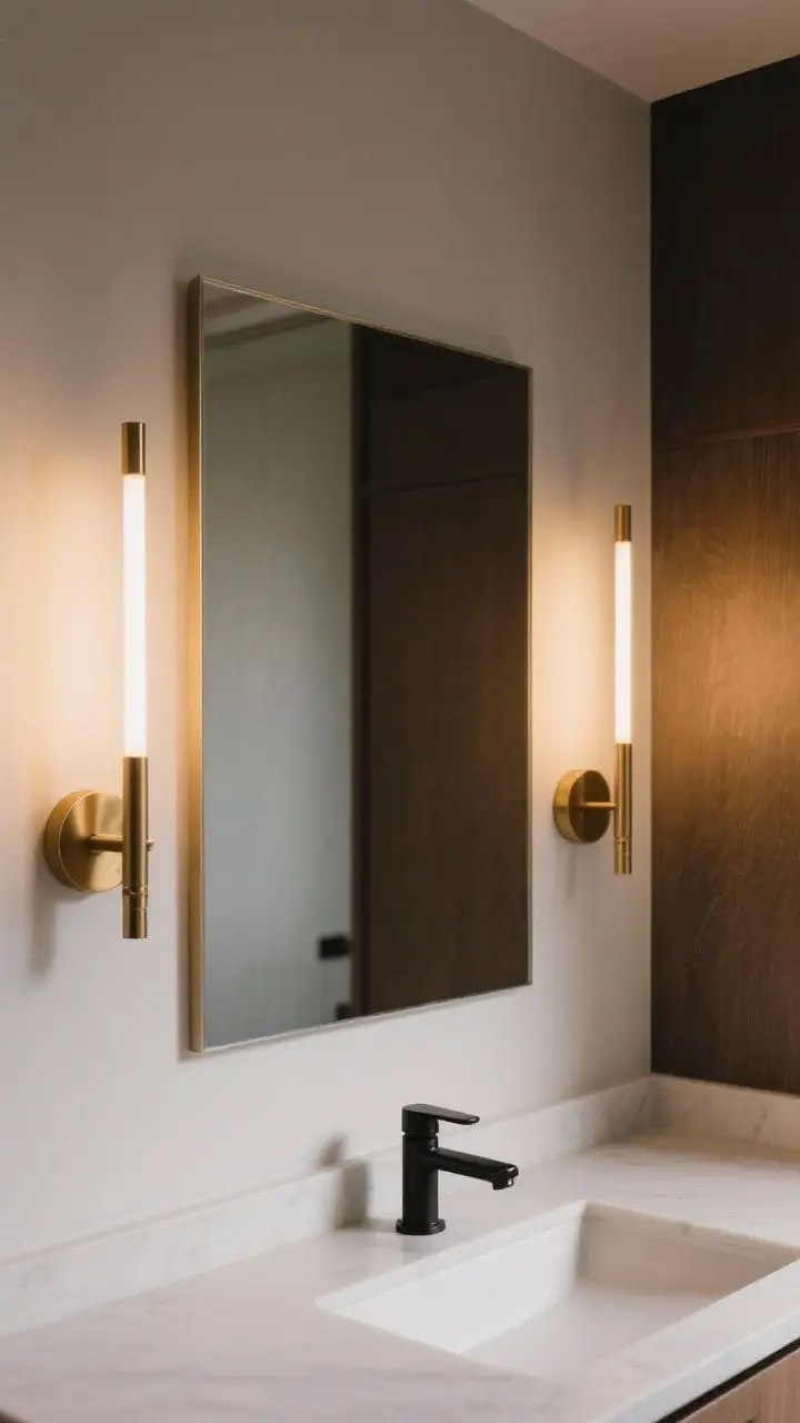 Medium shot focused on a vanity mirror flanked by slim wall sconces at eye level; warm 2700K–3000K bulbs cast flattering light; mixed metals appear intentionally coordinated (matte black faucet, brass sconce bases); compact sconces save space, with a clean, custom, boutique feel.