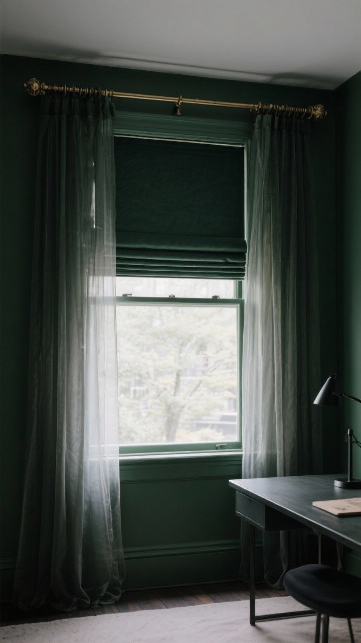 Medium shot focused on moody window treatments: a blackout Roman shade mounted inside the window frame in tone-on-tone dark forest green matching the walls, paired with sheer panels hung extra high to elongate the room; black or antique brass curtain rod hardware; a small desk beneath the window shows how glare is controlled and the view framed.