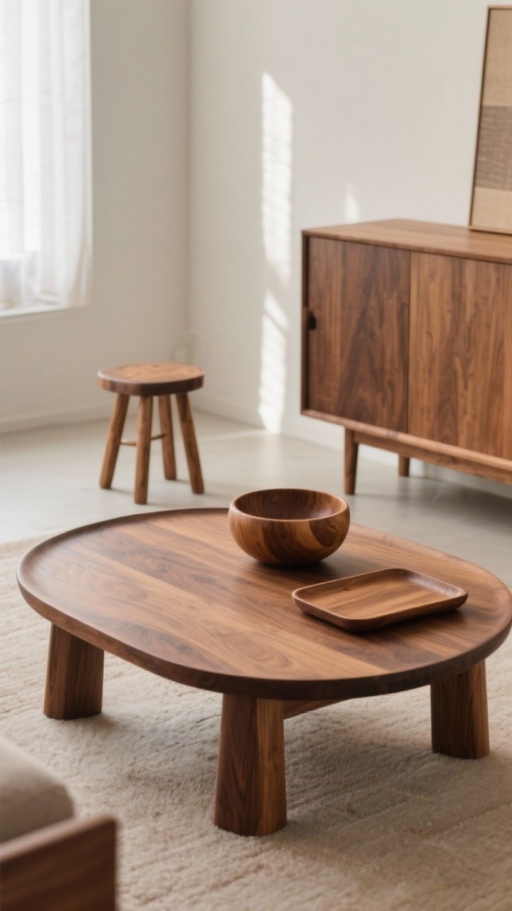Medium shot focused on real wood pieces: a warm walnut solid-wood coffee table with rounded edges centered on a room, styled with a teak wood bowl and an oak tray; nearby a small wood stool repeats the material; mixed warm wood tones visible on a sideboard, matte finishes showing visible grain, gentle morning light, photorealistic.