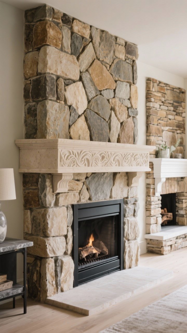Medium shot focusing on a statement mantel paired with stone: rustic fieldstone surround with a refined carved limestone mantel for contrast; mantel styled minimally to let the mix shine; alternative details visible nearby include a vignette hinting at smooth soapstone with blackened steel mantel and another with stacked stone plus warm white painted wood mantel (in background blur), emphasizing mantel matchmaking; balanced daylight and soft accent lighting; photorealistic, slight corner angle to showcase depth.