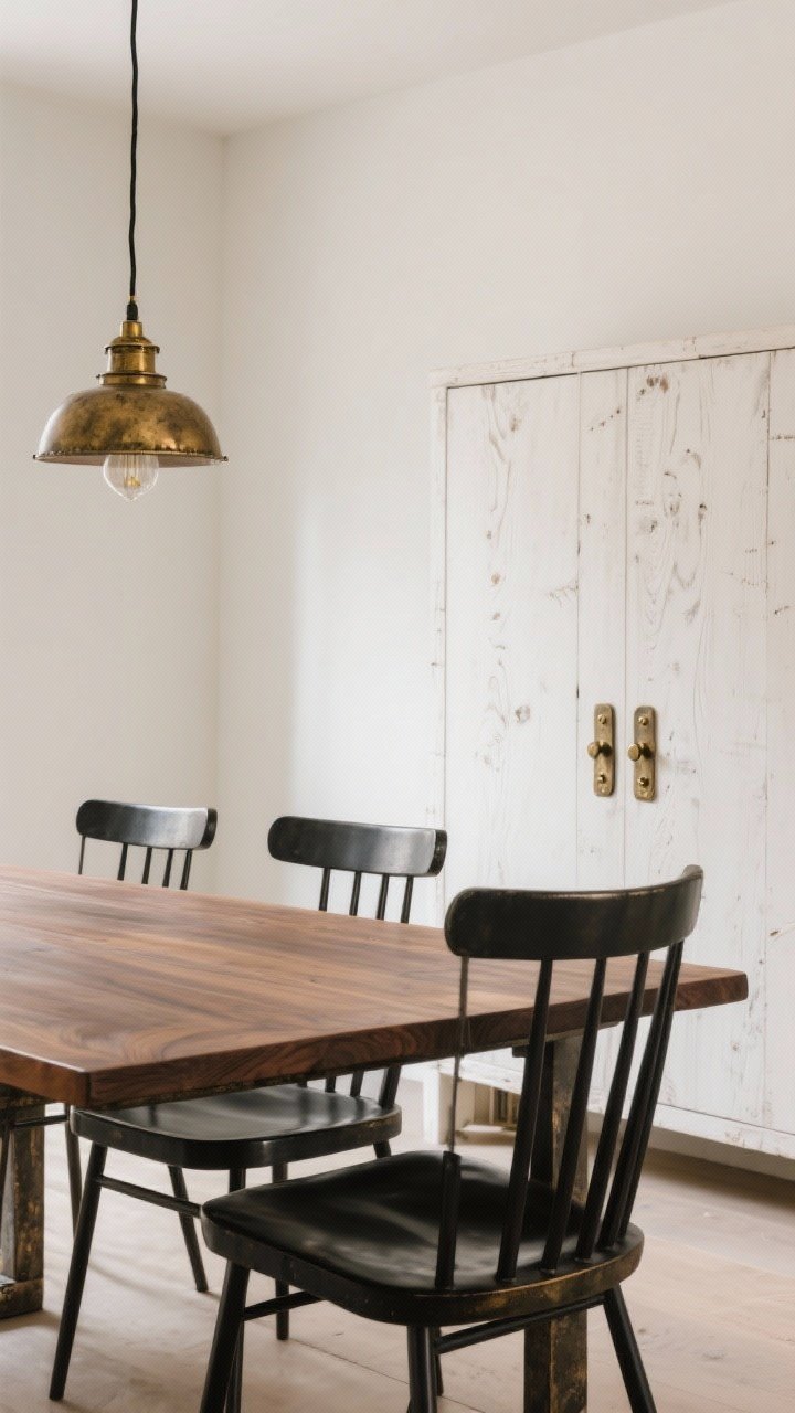 Medium shot focusing on finishes: Mix metals, woods, and finishes intentionally—blackened steel chair frames, aged brass hardware and a light fixture, walnut table paired with a whitewashed oak sideboard. Show repetition: each metal appears at least twice. Patina and slight imperfections visible on hardware and wood edges. Soft natural light with gentle reflections, no overly glossy hotspots.