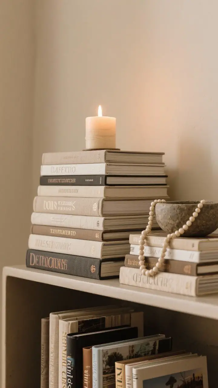 Medium shot focusing on styled book stacks on a console: odd-number groupings of 3 and 5 with mixed sizes—large coffee table books and smaller design/travel books; one stack topped with a candle, another with a small stone bowl, a third with a beaded garland; mostly neutral spines with a few subtle color pops; warm ambient light, photorealistic texture on paper and linen covers.