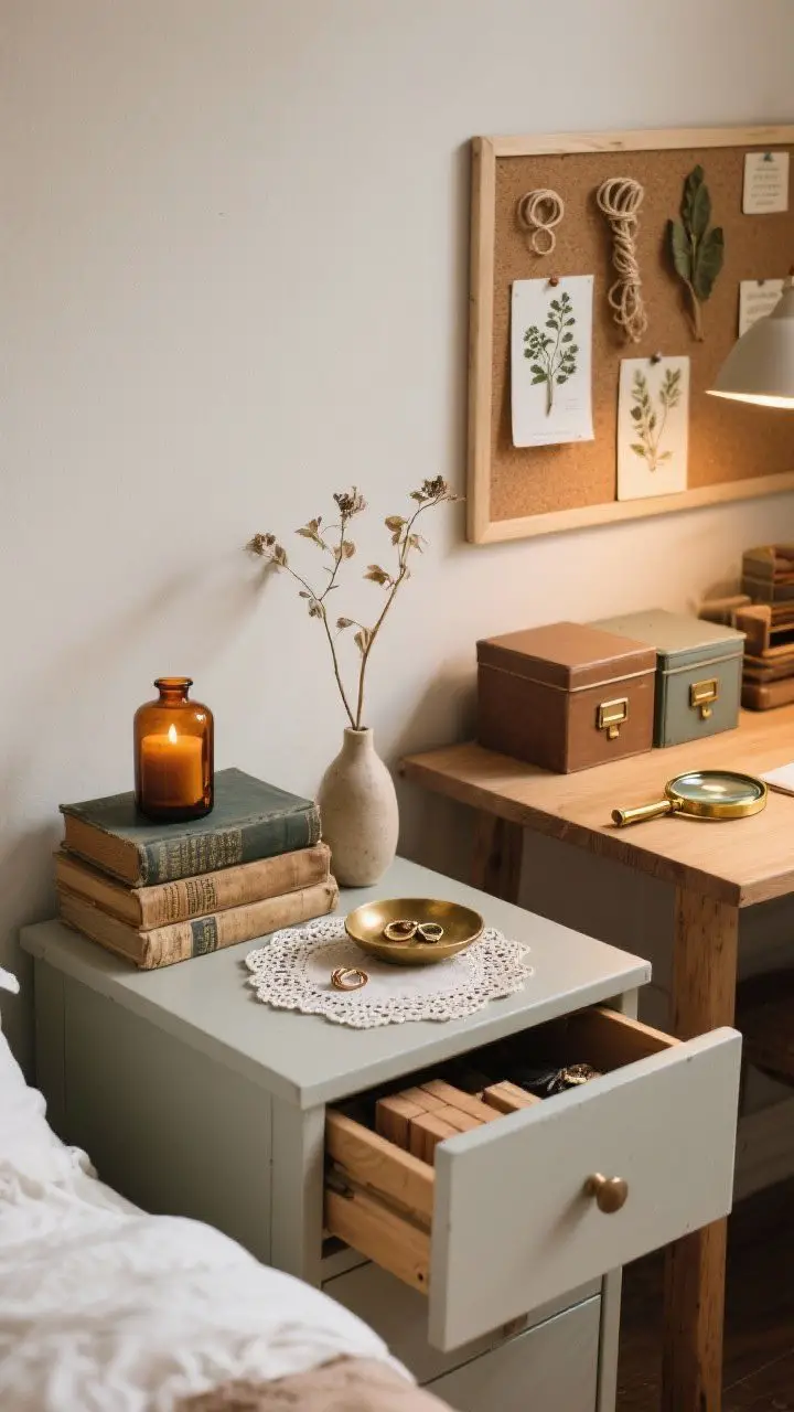 Medium shot: Forager’s nightstand and desk styling—tiny cabinet-of-curiosity vibe with a lace doily, stack of worn paperbacks, amber glass candle, small brass dish for rings and trinkets, a tiny vase with a single dried stem; adjacent desk arranged like a research station with a corkboard pinning botanical specimen cards and twine, a brass magnifying glass, lidded boxes to hide clutter, cedar blocks peeking from an open drawer, warm task lighting, photorealistic.