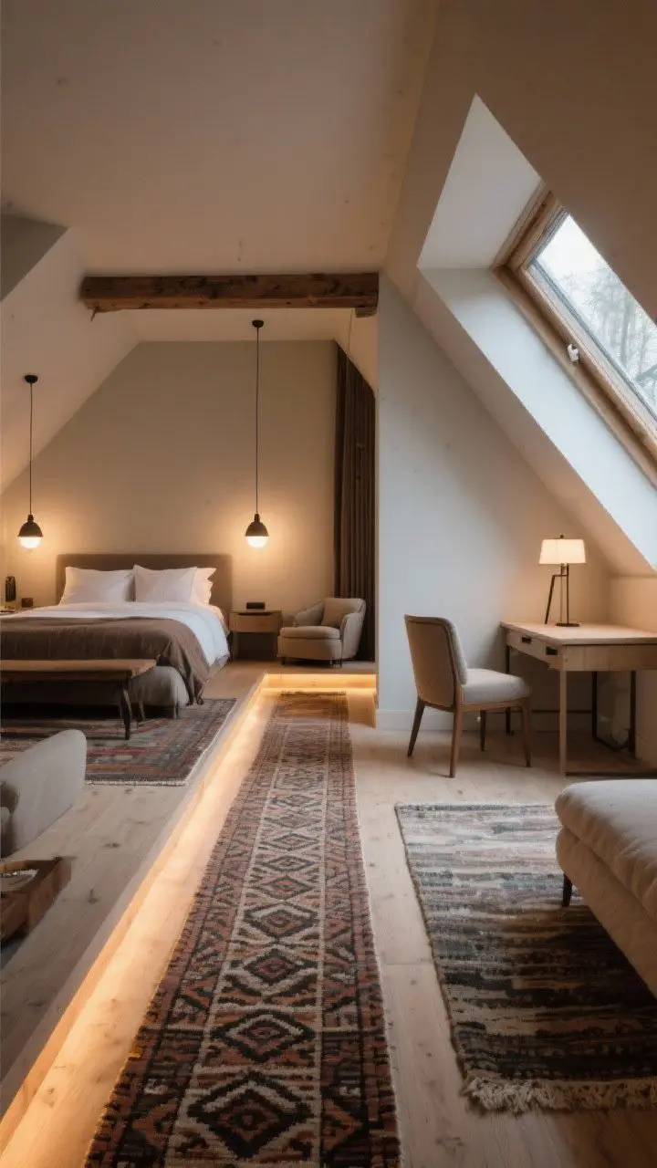 Medium shot from a corner angle: An attic divided into zones with rugs and lighting—a sleeping area anchored by matching pendant or sconce pairs over the bed, a lounge corner with a floor lamp and chair, and a tiny desk tucked under a dormer window for natural light; a patterned runner laid along the central walkway, warm layered lighting, cozy boutique-suite vibe without clutter, photorealistic.