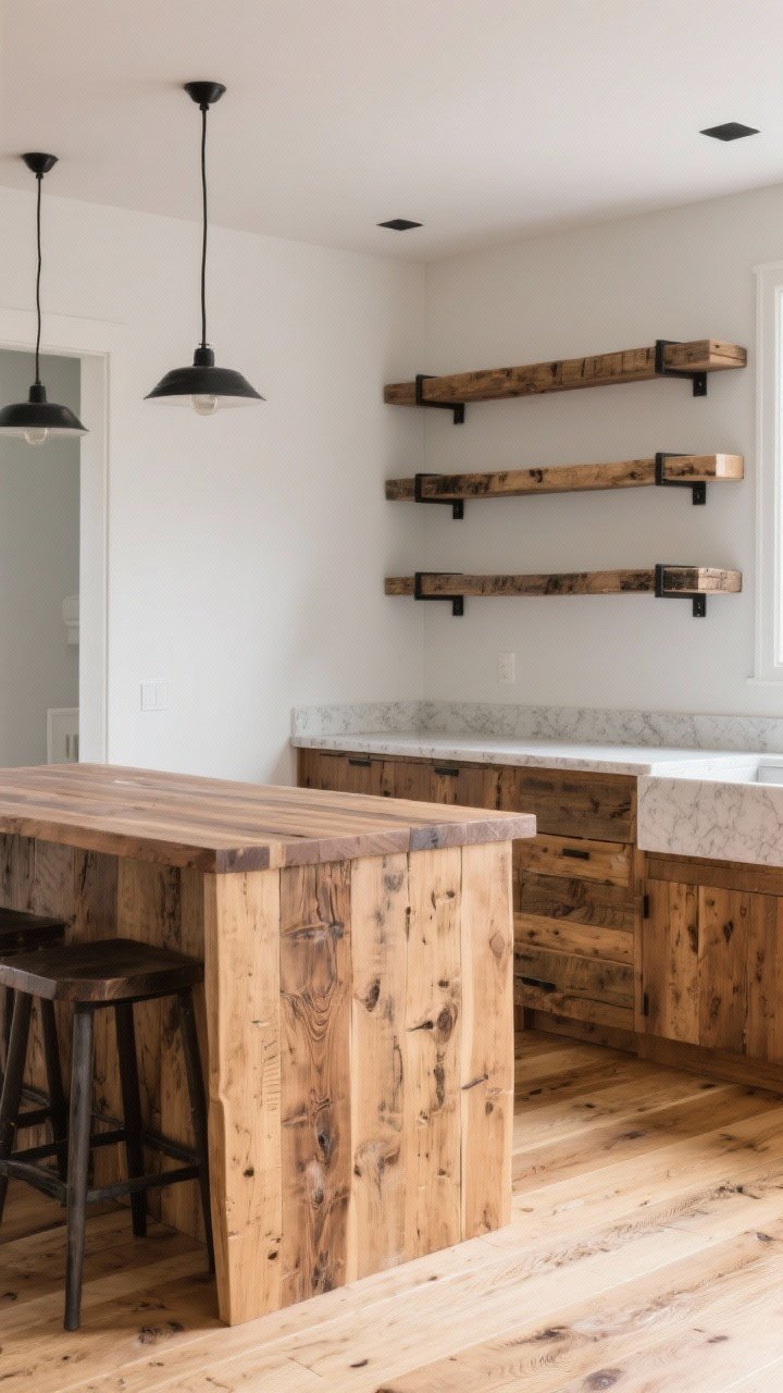 Medium shot from a corner angle: Layered natural wood elements—a reclaimed oak open-shelf wall with simple matte black brackets, a butcher block island top, and quartz perimeter counters. Wide-plank, lightly wire-brushed wood floors add texture. Subtle mix of wood tones for depth, with visible patina and grain.