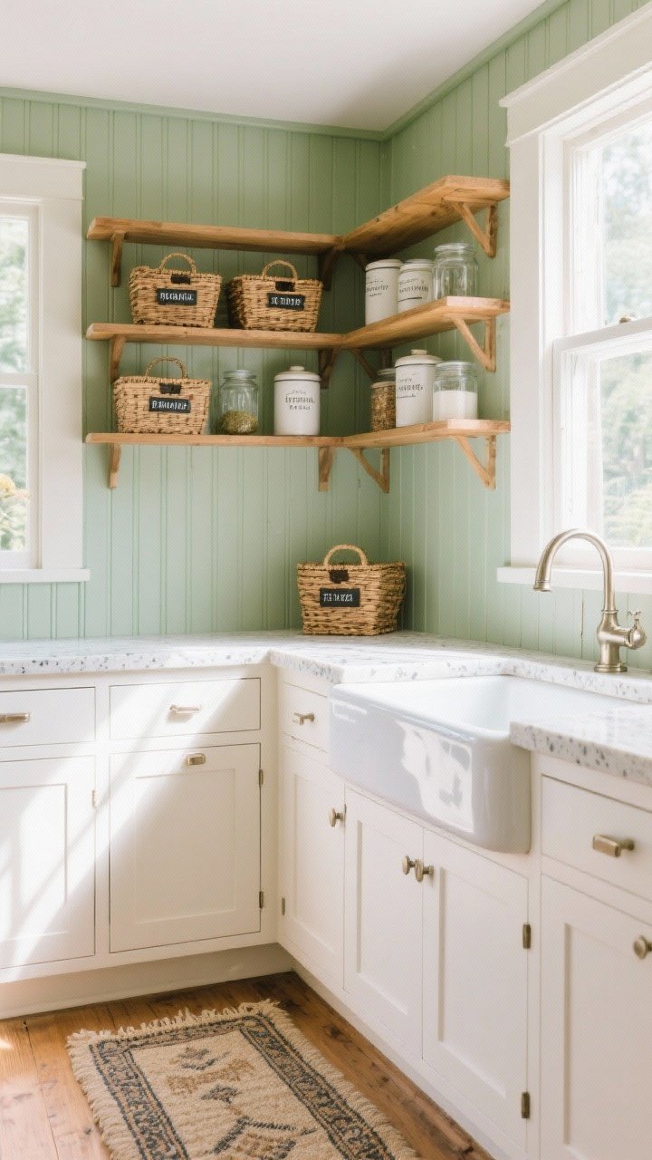 Medium shot from a corner angle of a sunlit cottage pantry: warm white shaker base cabinets, natural oak open shelves styled with woven baskets, labeled canisters, and glass jars; sage green beadboard lining the back wall; pale flecked quartz countertop; polished nickel bridge faucet over a deep ceramic apron sink; an antique runner on the floor; soft daylight streaming in to emphasize the breezy farmhouse feel and the beadboard backdrop.