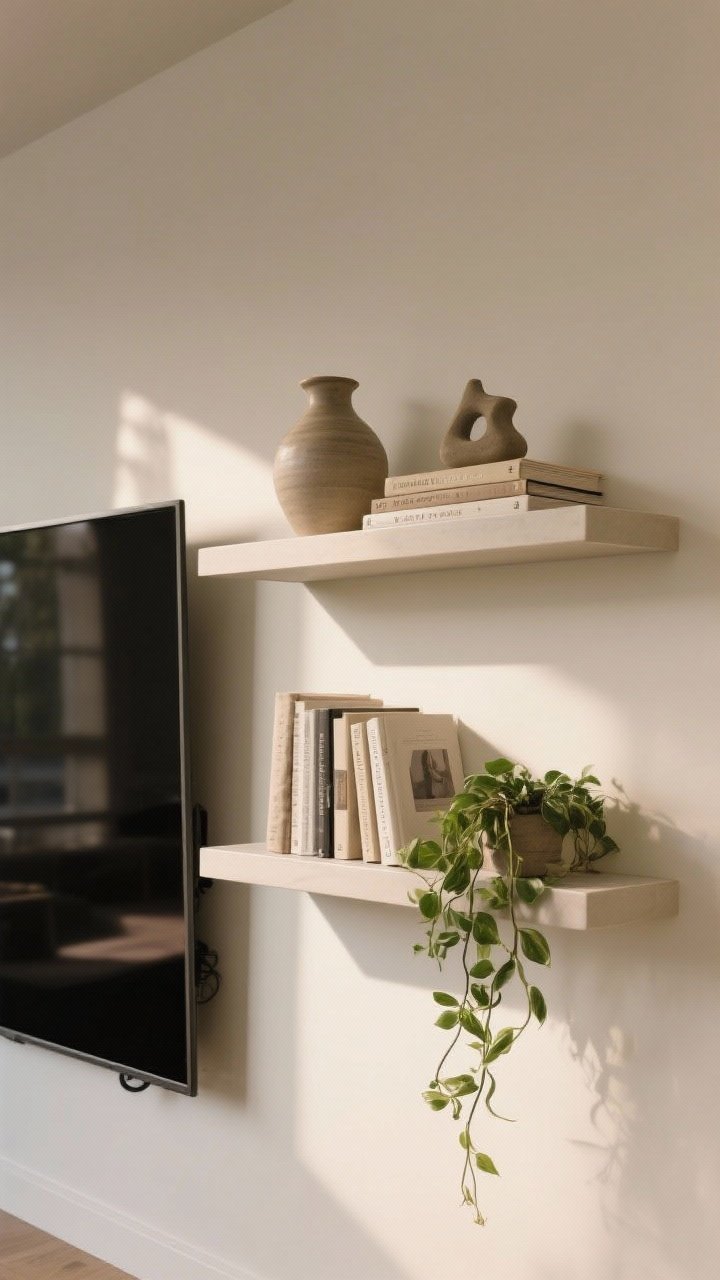 Medium shot from a slight corner angle of floating shelves installed above a wall-mounted TV: two shallow shelves (8–10 inches deep) styled with the rule of thirds—one tall ceramic vase, one medium stack of books with a small sculptural object, one low trailing plant; textures from matte ceramics, linen book spines, and leafy greenery; note a couple inches of clearance behind decor for a swivel-mounted TV; warm ambient afternoon light, photorealistic.