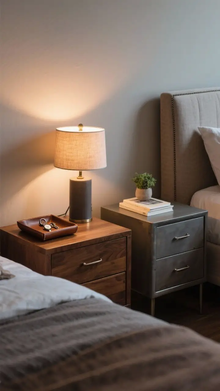Medium shot from bedside: Functional nightstands with drawers, contrasting the upholstered bed—wood or metal finish. On top: a dimmable table lamp with a drum shade and warm light, a leather or wood catchall tray with keys and watch, and one personal object (single book or a small plant). Mismatched but coordinated nightstands in similar height and style family. Evening lighting.