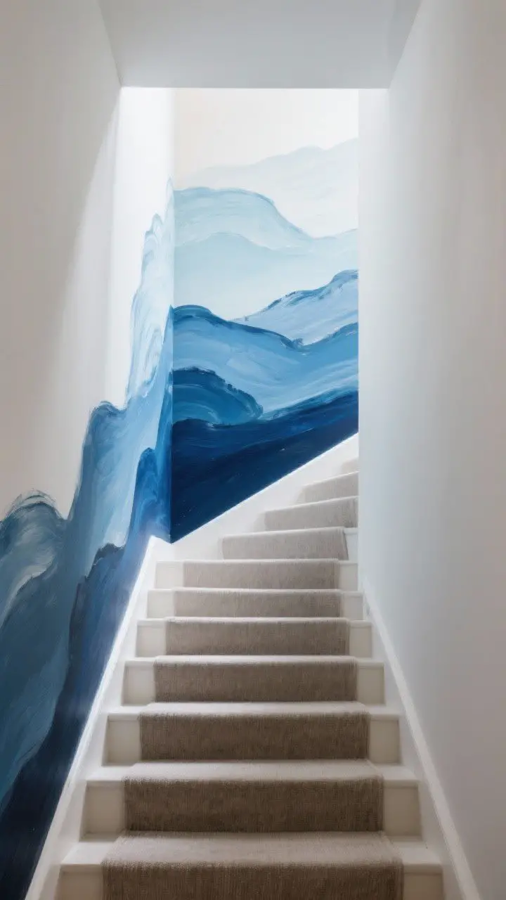 Medium shot from the bottom of the stairs looking up: A hand-painted mural that climbs with the steps—an abstract landscape with sweeping brushwork transitioning from deep indigo at the base to airy pale blue at the top (modern ombré blend). The wall is otherwise uncluttered; a neutral stair runner grounds the scene so the mural remains the star. Soft daylight accentuates the gradient.