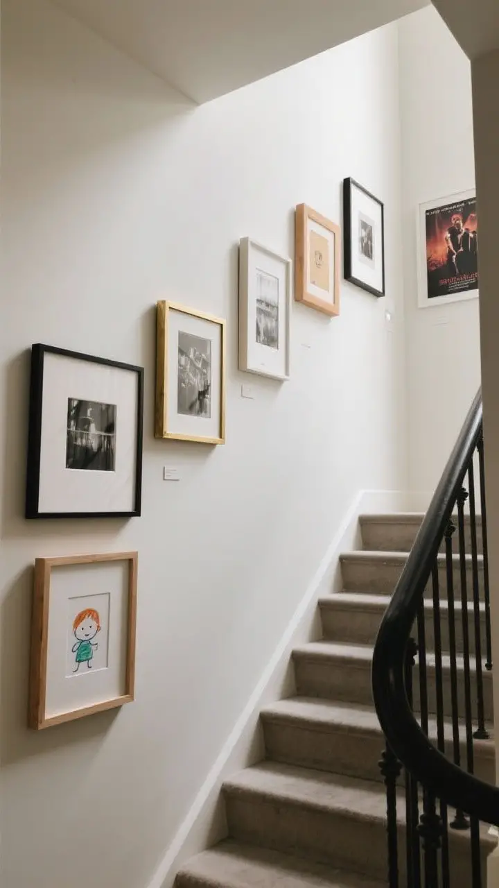Medium shot from the lower landing looking up: A curated gallery wall following the incline of the stairs. Frames of mixed finishes—black, brass, and light wood—align their centers with the stair rise. Each frame uses consistent white mats around photographs, art prints, a child’s drawing, and a concert poster. Soft ambient daylight; neutral painted wall; black metal handrail; the gallery begins with 5–7 frames and leaves intentional space for future expansion.