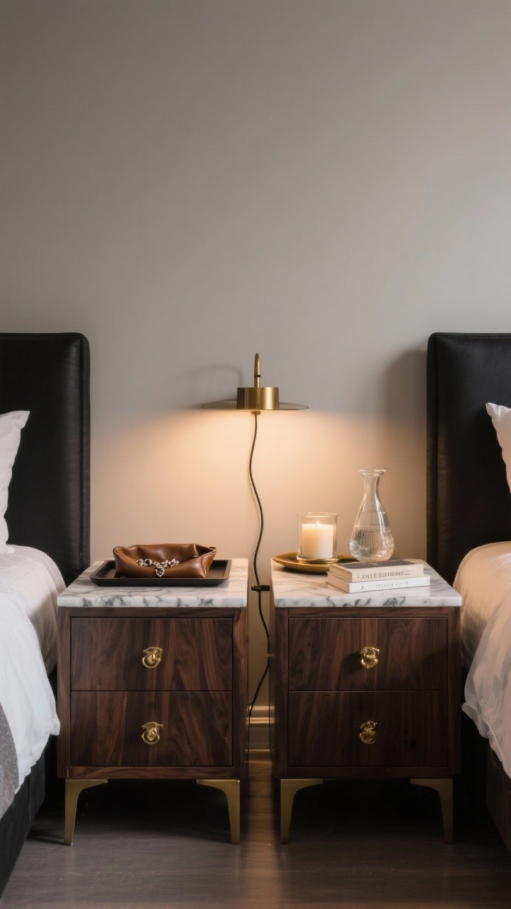 Medium shot: Functional, beautiful nightstands flanking a moody bed—closed storage units in walnut or black-stained oak with marble accents, statement hardware in antique brass, a leather or fabric catchall for jewelry, and a tray holding a candle, a carafe with glass, and a book; soft warm lamp light, cords hidden, clean lines.