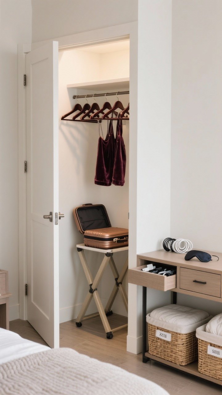 Medium shot: Functional guest storage vignette—a small closet door open to reveal 8–10 hangers including a few velvet hangers for delicates, a foldable luggage stand with an open suitcase, a nightstand with drawers slightly ajar showing neatly coiled chargers and an eye mask, and under-bed baskets labeled for extra blanket and pillow. Clean, intentional organization, photorealistic, straight-on.
