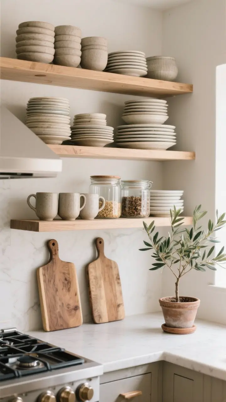 Medium shot: Functional open shelves styled for everyday use—stacks of everyday plates, stoneware mugs, glass canisters with dry goods, and a couple of wood cutting boards. Mix of vertical stacks and horizontal layers, repeated materials (wood, ceramic, glass). One natural element: a small potted olive tree. Clean, practical arrangement near but not crowded around the range; soft daylight.