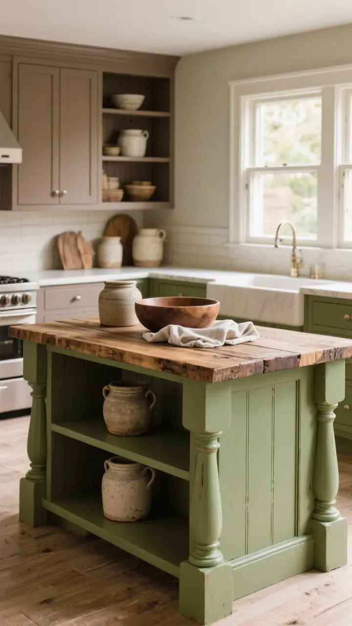 Medium shot: Furniture-style kitchen island with turned legs, open shelving, and a reclaimed wood top contrasted against taupe wall cabinets; island painted sage green. Extra-thick countertop edges, integrated butcher block section. Styled with stoneware crocks, a large wood bowl, and folded linen. Warm, natural window light.
