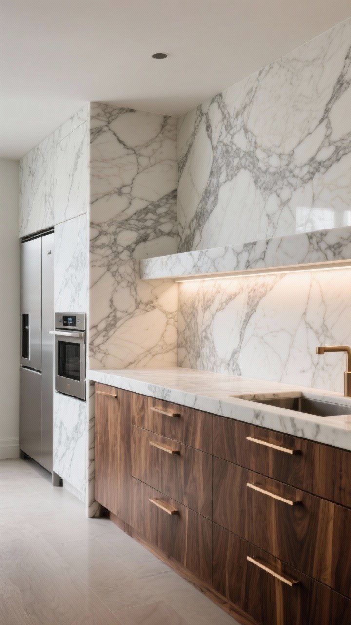 Medium shot, gallery-like composition of a luxe stone sanctuary: richly veined Arabescato or Calacatta marble wrapping counter, backsplash, side walls, and a floating stone shelf for a cocooned effect; walnut slab drawers with ultra-thin bronze pulls; panel-ready refrigeration and a discreet combi-steam oven; soft under-shelf lighting grazing the marble veining; creamy white stone with gray veining complemented by walnut and bronze, photorealistic and dramatic.