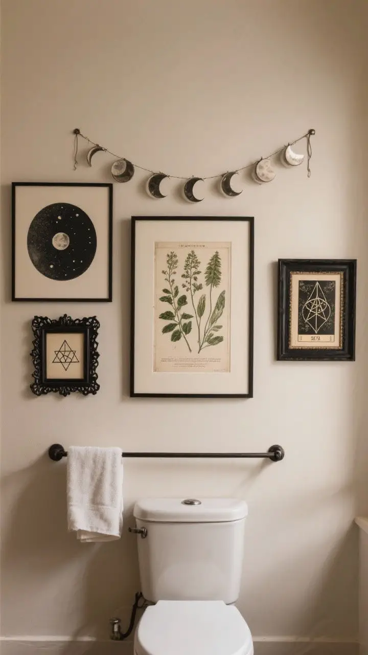 Medium shot, gallery wall perspective: Celestial and botanical art arranged above a towel rail—moon phases metal garland, framed vintage herb illustrations, a minimal sigil print, and a single tarot card framed; muted palette in sepia, black, and cream; balanced layout with one larger piece over the toilet and quieter pieces around it; matte black and ornate antique frames mixed; soft, indirect light; photorealistic.