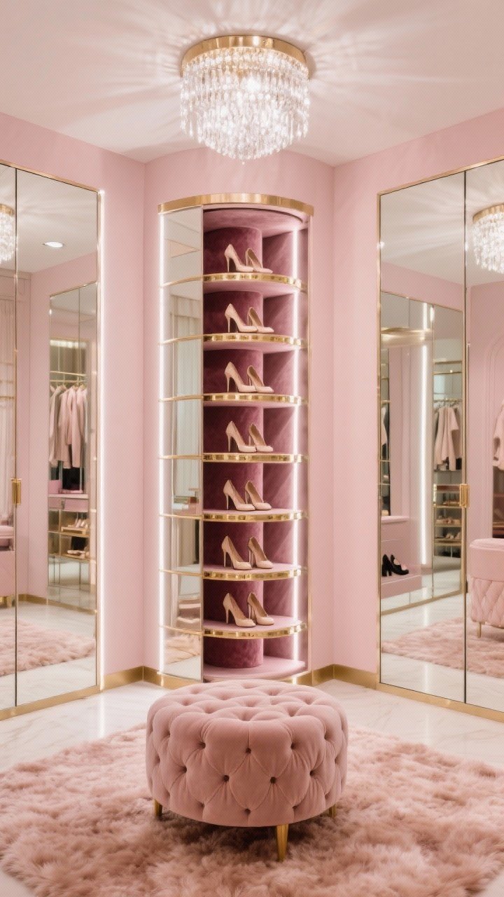 Medium shot, glam dressing room: floor-to-ceiling mirrored tower slightly rotated to reveal hidden shoe carousel with velvet-lined adjustable shelves and tiny brass rails securing stilettos; blush walls, crystal flush mount overhead sparkling; tufted ottoman on a plush rug centered; soft strip lighting within tower for extra shimmer; blush, champagne brass, mirrored accents; luxurious, softly lit, elegant composition.