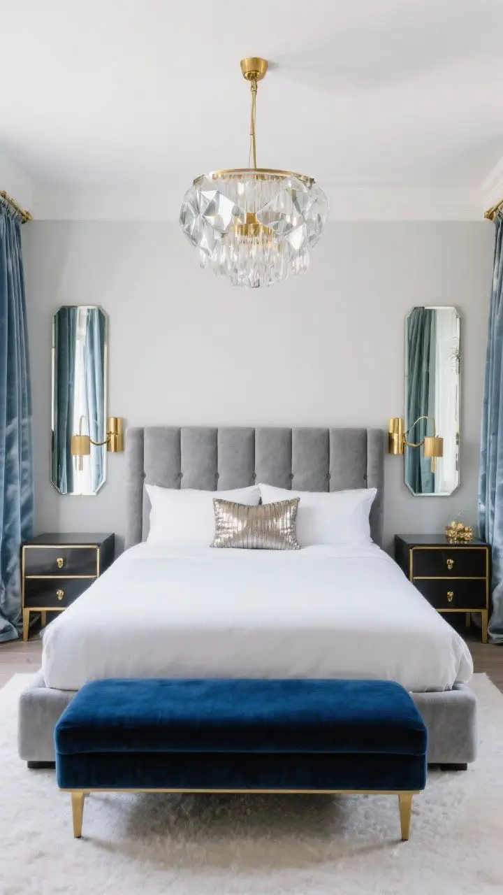 Medium shot, glam polish: A gray upholstered bed paired with a navy velvet bench at the foot; nightstands feature brass hardware, with a faceted glass chandelier above and sleek brass sconces flanking the bed; mirrors strategically placed to amplify light; textiles include a pillow with metallic threading and curtains with a subtle sheen; balanced cool blues and grays with warm brass accents; bright but softened lighting.